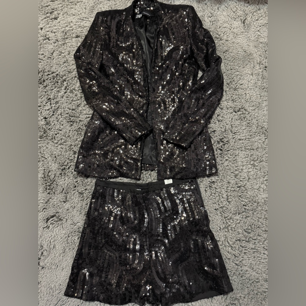 Zara Black Sequin Embellished Blazer and Shorts Set